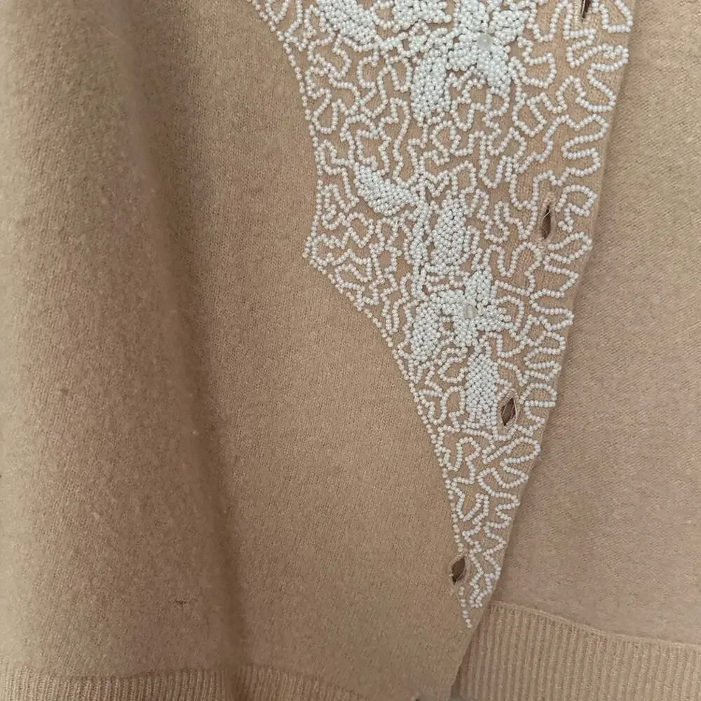 Vintage 50s 60s Chic Beige Women's Beaded Cardigan Pearl Button - Picture 6 of 8